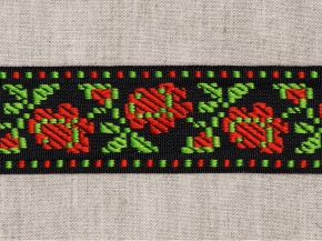 34мм. 9868 ЛЕНТА ОТДЕЛОЧНАЯ ЖАККАРД цветы/черн, красн, зел. 34мм (рул.50м)