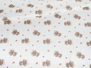 Ткань 12206/D9(4017) Принт Муслин Мишка Бежевый, коричневый,красный ширина 135см