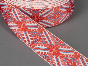 42мм. 91597/42 ЛЕНТА ОТДЕЛОЧНАЯ ЖАККАРДОВАЯ красн,бел,васил.*2997, 42мм (рул.25м)