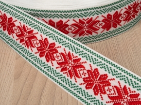 50мм. 16С3908-Г50 (рис.9632) ЛЕНТА ОТДЕЛОЧНАЯ ЖАККАРД белый/красный/зел.*268, 50мм (рул.50м)