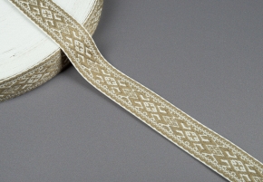25мм. 91589/25 ЛЕНТА ОТДЕЛОЧНАЯ ЖАККАРД белый с оливк.*1874, 25мм (рул.50м)