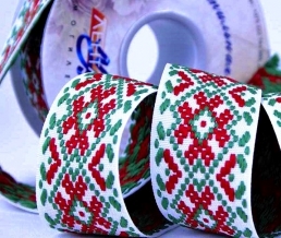 37мм. 9723 ЛЕНТА ОТДЕЛОЧНАЯ ЖАККАРД бел,красн,зеленый*268, 37мм (рул.50м)