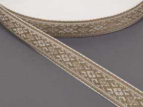 25мм. 91589/25 ЛЕНТА ОТДЕЛОЧНАЯ ЖАККАРД белый с оливк.*1874, 25мм (рул.50м)