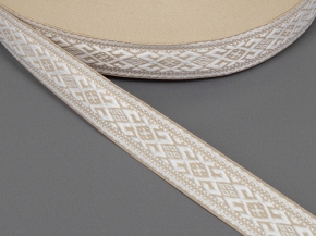 25мм. 91589/25 ЛЕНТА ОТДЕЛОЧНАЯ ЖАККАРД белый с льняным*1875, 25мм (рул.50м)