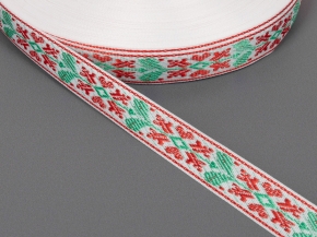 18мм. 9851 ЛЕНТА ОТДЕЛОЧНАЯ ЖАККАРД бел,красн,зел*268, 18мм (рул.50м)