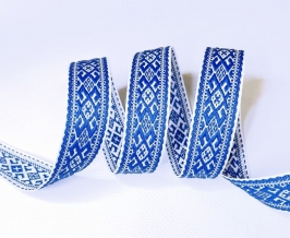 25мм. 91589/25 ЛЕНТА ОТДЕЛОЧНАЯ ЖАККАРД белый с васильк*2956, 25мм (рул.50м)