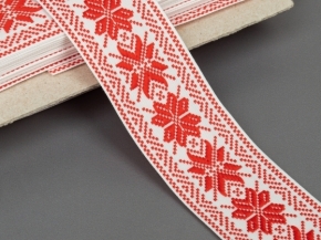 50мм. 16С3908-Г50 (рис.9632) ЛЕНТА ОТДЕЛОЧНАЯ ЖАККАРД белый с красным*37, 50мм (рул.50м)