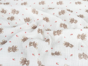 Ткань 12206/D9(4017) Принт Муслин Мишка Бежевый, коричневый,красный ширина 135см