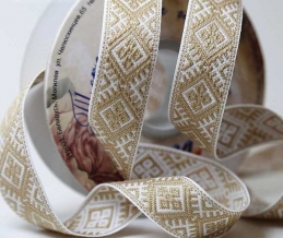 25мм. 9904 ЛЕНТА ОТДЕЛОЧНАЯ ЖАККАРД белый с бежевым*045, 25мм (рул.50м)