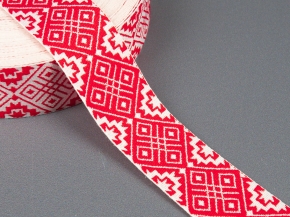 30мм. 91361/30 ЛЕНТА ОТДЕЛОЧНАЯ ЖАККАРД белый с красным*37, 30мм (рул.25м)