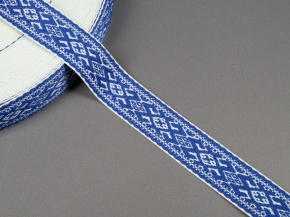 25мм. 91589/25 ЛЕНТА ОТДЕЛОЧНАЯ ЖАККАРД белый с васильк*2956, 25мм (рул.50м)