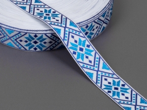 32мм. 90001 ЛЕНТА ОТДЕЛОЧНАЯ ЖАККАРД бел,т-син,гол*267, 32мм (рул.50м)