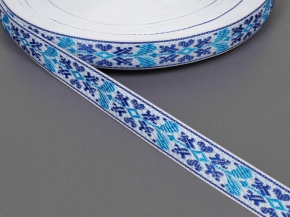 18мм. 9851 ЛЕНТА ОТДЕЛОЧНАЯ ЖАККАРД бел,я-син,я-гол*1089, 18мм (рул.50м)