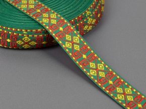 26мм. 91618/26 ЛЕНТА ОТДЕЛОЧНАЯ ЖАККАРДОВАЯ зел.жел.крас*3093, 26мм (рул.25м)