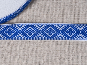 25мм. 9904 ЛЕНТА ОТДЕЛОЧНАЯ ЖАККАРД белый с васильковым 25мм (рул.50м)