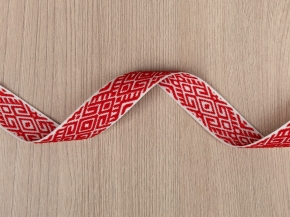 22мм. 9482 ЛЕНТА ОТДЕЛОЧНАЯ ЖАККАРД белый с красным 22мм (рул.25м)