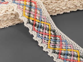 К-075-63-1/1с Кружево 75мм, молочный/жел.зел.коралл,пеп.роза,серо-гол.