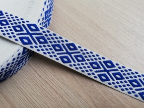 22мм. 14С3844-Г50 (рис.9415) ЛЕНТА ОТДЕЛОЧНАЯ ЖАККАРД белый с васильковым 22мм (рул.25м)