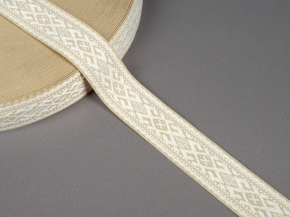25мм. 91589/25 ЛЕНТА ОТДЕЛОЧНАЯ ЖАККАРД белый с льняным*1875, 25мм (рул.50м)